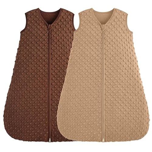 Fleece Baby Sleep Sack 0-6 Months, 1.5 TOG Cotton Baby Wearable Blanket With Soft Plush Dots, 2 Pack Newborn and Infant Warm Sleeping Sack with 2-Way Zipper Brown&Coffee