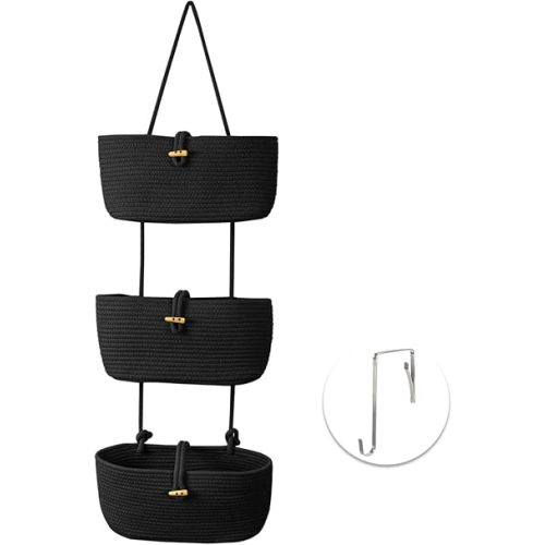 Hanging Baskets for Organizing - 3 Tier Woven Nursery Decor and Storage, Decorative Over Door and Wall Basket Storage, Wicker Behind Door Closet Organizer, Cotton Rope Boho Room Decor, Black