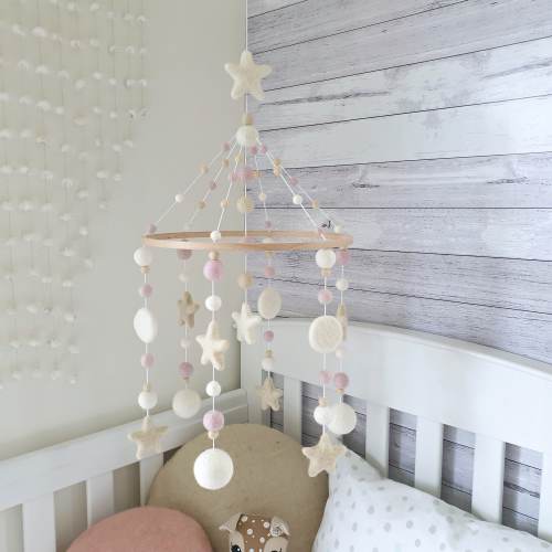 Baby Mobile, Nursery Mobile Blush Pink White, Cot Mobile, Crib Mobile, Felt Ball Mobile, Star Mobile Baby, Girl Mobile, Mobile Nursery, Gift