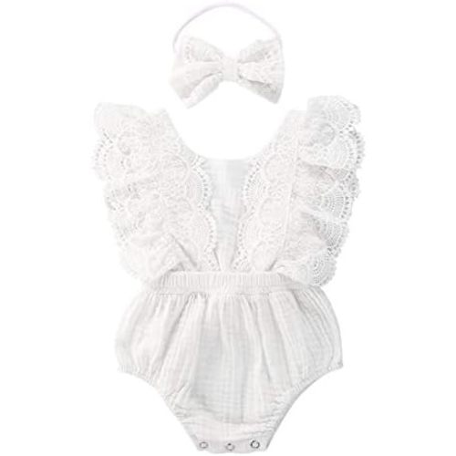 Infant Baby Girl Lace Rompers V-Back Bowknot Bodysuit Cute Newborn Ruffle Clothes White