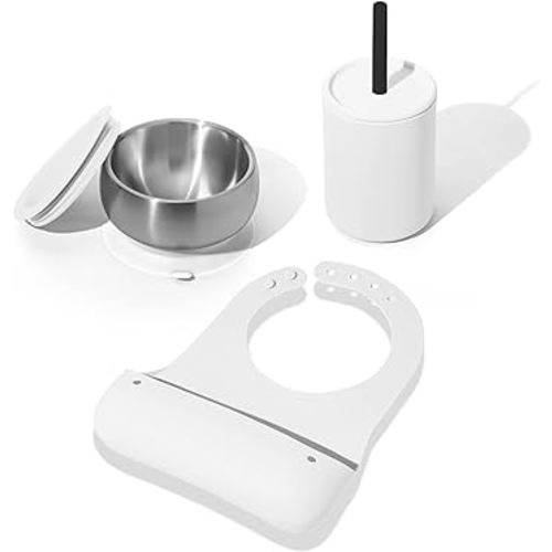 Avanchy Roll & Go Silicone Bibs + 5 oz. Mini Silicone Baby Cup With Straw + Stainless Steel Suction Baby Bowl + Air Tight Lid