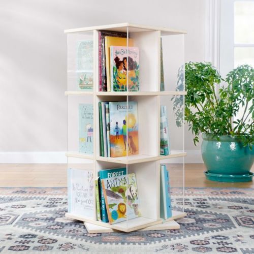 Guidecraft Edq Rotating 3 Tier Book Display - Natural: Wooden Round Bookshelf With Cubby Shelves For Kids' Bedroom Or Classroom