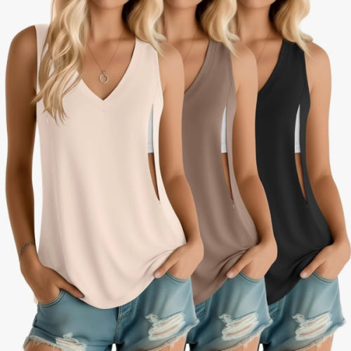 Ficerd 3 Pack Women's Nursing Tank Tops Hidden Zippers Breastfeeding V Neck Sleeveless Shirts Loose Fit Maternity Clothes
