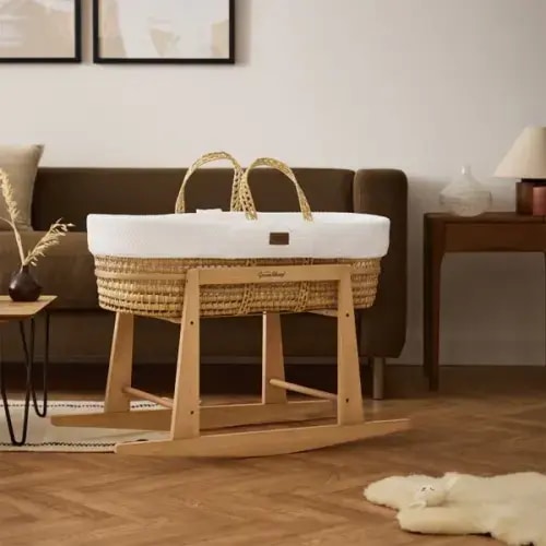 Organic Wheat Knitted Moses Basket, Mattress & Natural Rocking Stand W ‐ The Little Green Sheep