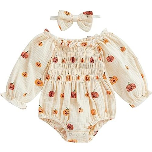 FYBITBO Infant Baby Girl Halloween Romper Dress Pumpkin Long Sleeve Ruched Bodysuit Jumpsuit with Headband Set Cute Clothes