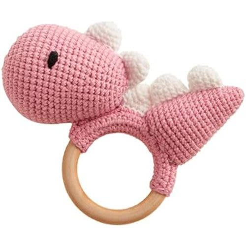 Chippi & Co Crochet Baby Rattle, Crochet Baby Toys, Stuffed Baby Doll, Organic Wooden Newborn Toys, Knitted Stuffed Animals for Boy, Girl, Mom and Dad Gifts for New Parents (Didi The Pink Dinosaur)