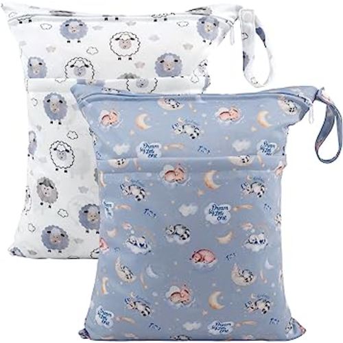 ALVABABY 2pcs Cloth Diaper Wet Dry Bags Waterproof Reusable with Two Zippered Pockets Travel Beach Pool Daycare Soiled Baby Items Yoga Gym Bag for Swimsuits or Wet Clothes LZD2122