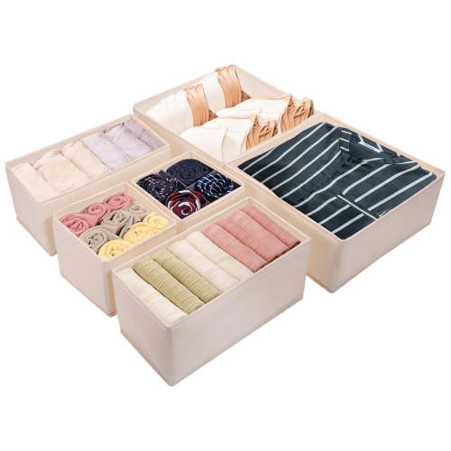 PinkSheep Foldable Dresser Drawer Organizer, Fabric Closet Storage Bins for Clothes Underwear Bra Socks, 6 Pack, Beige