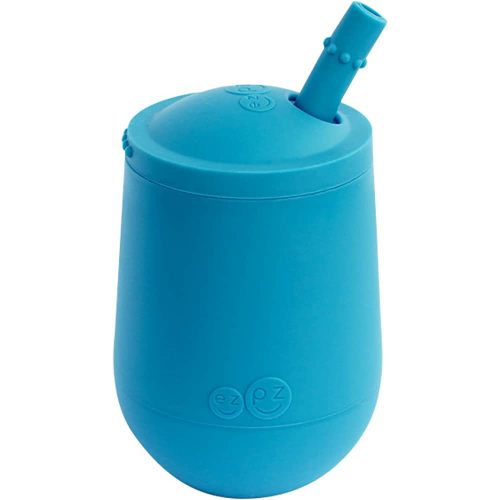 ez pz Mini Cup + Straw Training System - 100% Silicone Training Cup for Infants + Toddlers - Designed by a Pediatric Feeding Specialist - 12 Months+ (Blue)