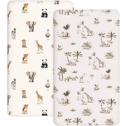 Crib Sheets for Boys Girls, 2 Pack Jersey Knit Fitted Crib Sheets for Standard Toddler Mattress 28"x 52", Soft and Breathable Baby Bedding (Safari Dreams)