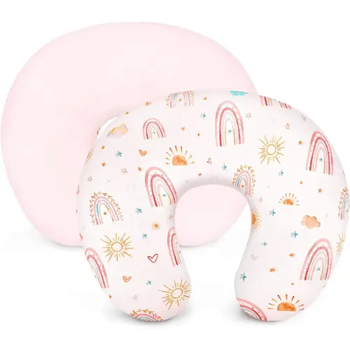 Nursing Pillow Cover, Minky Removable Nursing Pillow Cover for Breastfeeding Pillows, Super Soft Comfortable Slipcover for Boy and Girls, Sunshine & Rainbow (Pink)