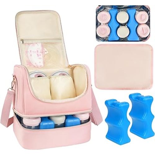 Wearable Breast Pump Bag with Cooler Compartment Fits for Willow/Elvie/Momcozy M5/S12 Pro/Medela, Breast Milk Travel Tote Bag with Ice Pack & Waterproof Mat,Pink