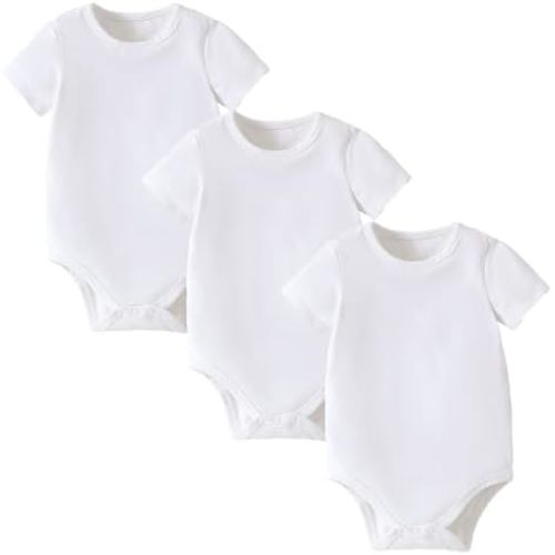 ROMPERINBOX Baby Girl Short Sleeve Onsies, 3 Pack Multi Colors Baby Bodysuit, Knitted Solid, Crew Neck 0-24 Months
