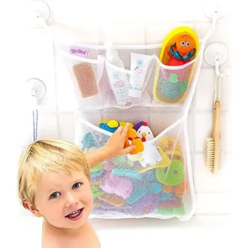 Original Tub Cubby Bath Toy Storage Organizer - With Suction Cup & Adhesive Hooks, 14"x20" Mesh Net Shower Caddy for Kids Bathroom Decor, Bedroom & Car Toy Organizer - Bonus Hooks