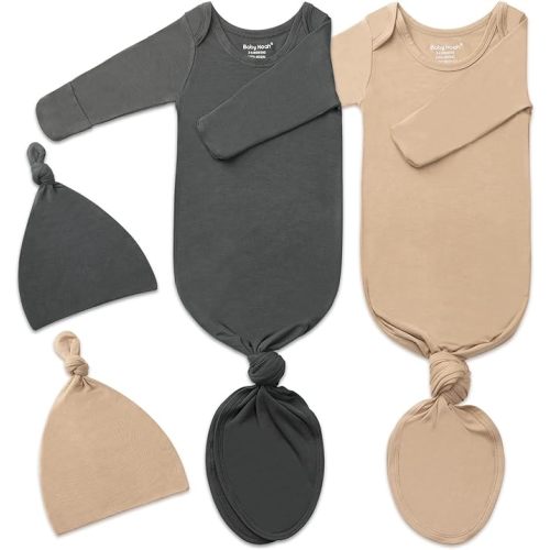 2Pk Newborn Baby Knotted Gown, Super Soft Silky Infant Long Sleeve Sleeper for Baby Sleeping with Hat or Headband (2 Packs) - Dark Green+camel - 0-3 Months