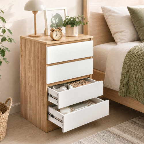 Latitude Run® 23.62 Inch Handleless 4 Drawer Dresser White & Light Wood Grain Embossed Melamine Cabinet P2 Particleboard | Wayfair