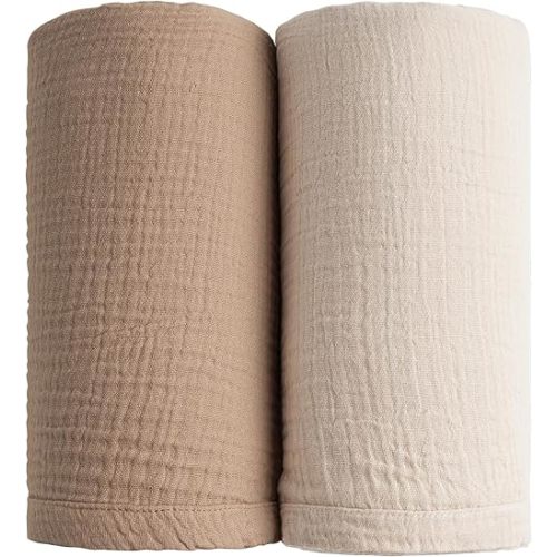 Winmany 2Pack Baby Muslin Swaddle Blankets Newborn Boy Girl Nursery Receiving Blanket Swaddling Wrap Baby Essentials for All Year 40x40in/100x100cm (Khaki+Beige)