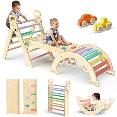 BlueWood Pikler Triangle Set 7in1 Foldable Baby Climbing Toys Wooden Montessori Climbing Set with Arch&Ramp&Ladder Baby Climber Indoor Jungle Gyms for Toddlers Montessori Toys- Rainbow