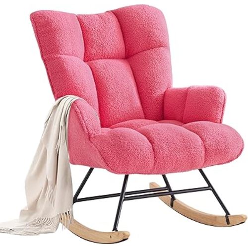 Rocking Chair Nursery Glider Rocking Chais Teddy Rocking Accent Chair Nursery Rocker Nursing Rocking Chairs for Living Room Bedroom (Hotpink Teddy)