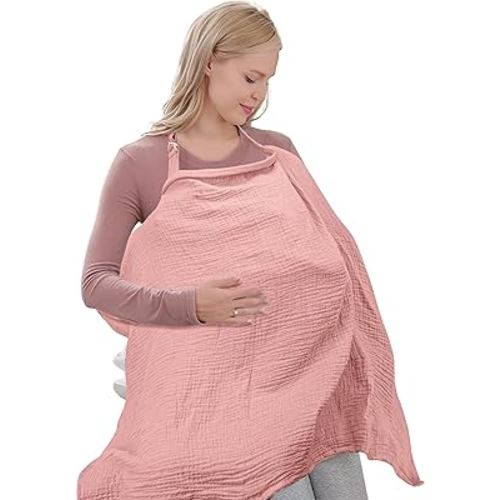 Organic Cotton Nursing Cover - 43 x 28 Inch Breathable Muslin Breastfeeding Cover, Multi-Purpose for Women (Pink)