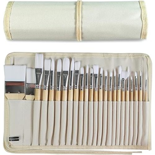 Paint Brushes Set of 24 Pieces Wooden Handles Brushes with Canvas Brush Case, Professional for Oil, Acrylic and Watercolor Painting