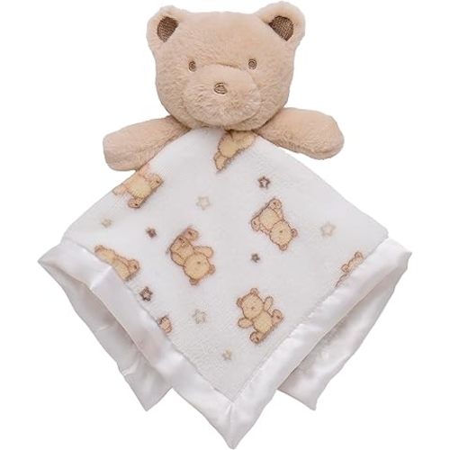 Plush Rattle Baby Snuggle Blanket with Satin, Bear Print, Tan Teddy Bear Toy (14 inch)