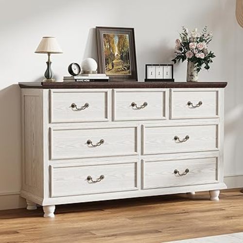 Dresser for Bedroom with 7 Drawers, 54" Wide Modern Chest of Drawers with Hidden Jewellery Drawer, Solid Wood Legs, Storage Dressers Organizer for Living Room, Hallway, White Oak