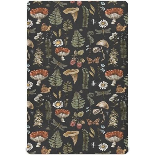 Vintage Mushroom Forest Plant Fitted Crib Sheets Stretchy Portable Playard Sheets for Baby Toddler, Breathable Soft Mini Crib Mattress 52 x 28 in for Boys and Girls
