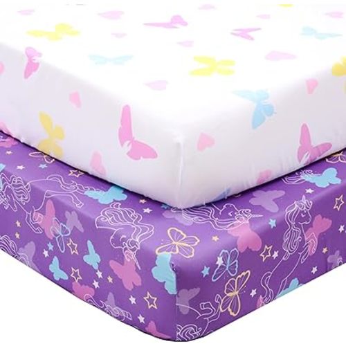 UOMNY Crib Sheet Set for Girls,Butterfly Fitted Crib Sheets Baby Sheet Set for Standard Crib and Toddler mattresses Nursery Bedding Sheet for Girls 2 Pack Pink,Purple Pattern
