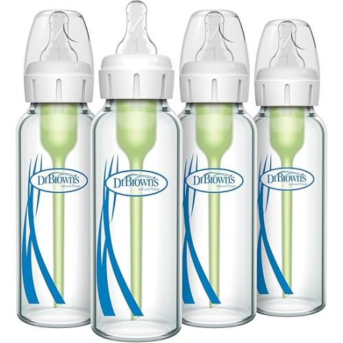 Dr. Brown's Natural Flow Anti-Colic Options+ Narrow Glass Baby Bottle 8 oz/250 mL, with Level 1 Slow Flow Nipple, 4 Pack, 0m+