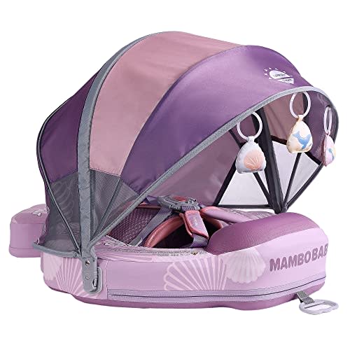 Mambobaby Float Add Tail Baby Swim Float with Canopy Solid Pool Infant Swim Trainer Swimming Training Lying Air Free Water Floats Non-Inflatable Waist Swim Ring for Toddlers (Shell - Purple)