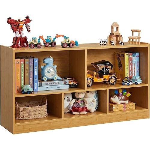 Kids Toy Storage Organizer, 5-Section Storage Cabinet for Organizing Books Toys, Wooden Bookshelf Daycare Furniture for School, Classroom Playroom, Nursery, Kindergarten (Natural)