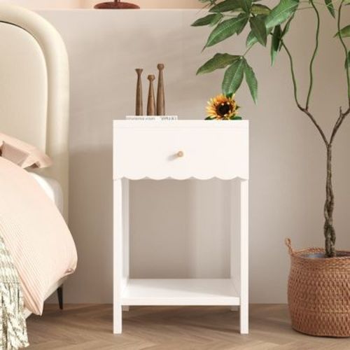 Angel Sar Modern White Nightstand, Scalloped Edge Bedside Table with Drawer & Shelf, Cute Minimalist Night Stand, for Kids Room, Nursery