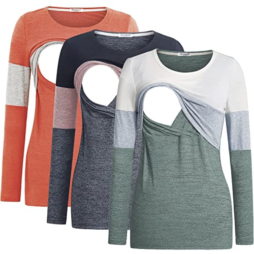 Bearsland Women's 3 Packs Maternity Clothes Long Sleeves Breastfeeding Shirts Nursing Top