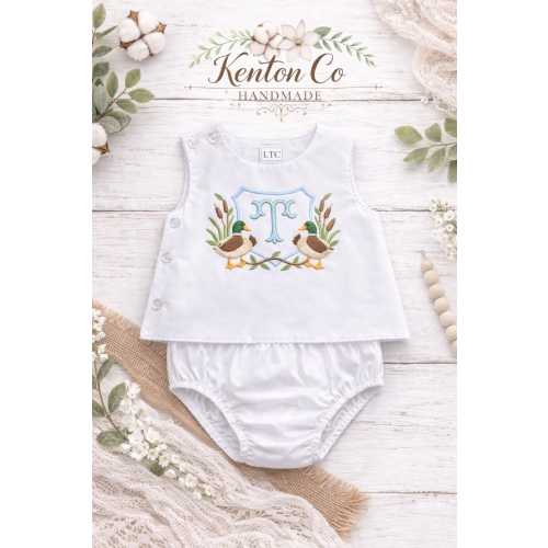 Mallard Duck Monogram Bubble Romper | Heirloom Embroidered Baby Boy Outfit
