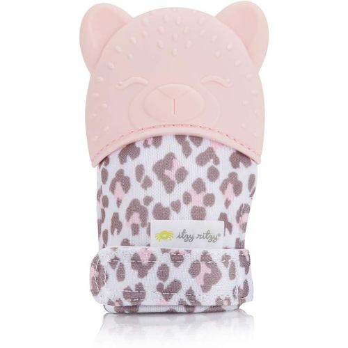 Itzy Ritzy Silicone Teething Mitt - Soothing Infant Teething Mitten w/Adjustable Strap, Crinkle Sound, Textured Silicone to Soothe Sore & Swollen Gums, Baby Teething Toy for 3 Mos & Up, Blush Leopard