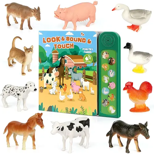 DOMNIU Farm Animals Figures Toys with 10 Realistic Plastic Animal Figurines & Kids Sound Book, Educational Learning Toys Gift for 3 Years Old & Up Toddlers Kids Boys Girls