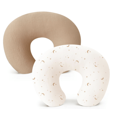 Konssy Muslin Nursing Pillow Covers, Soft and Cute Nursing Covers for Breastfeeding Pillows, Ideal for Newborn Baby Boys and Girls (Camel, Moon) - 2 Pack