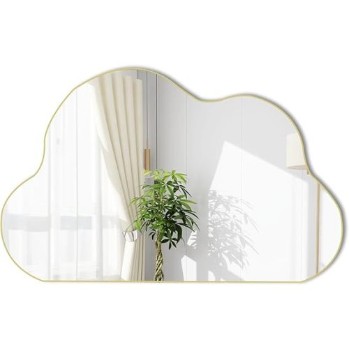 POZINO Gold Irregular Mirror, 33.5"x20.5" Cloud Shaped Mirrors, Asymmetrical Wall Mirror, Abstract Funky Frameless Mirrors for Living Room Bathroom Bedroom Entryway Fireplace