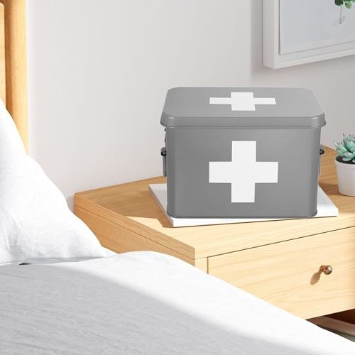 Flexzion First Aid Box Organizer, Empty 8.5 Inch Gray Vintage First Aid Kit Tin Metal Medical Box First Aid Storage Box Container Bins with Dividers, Removable Tray and Cross Logo