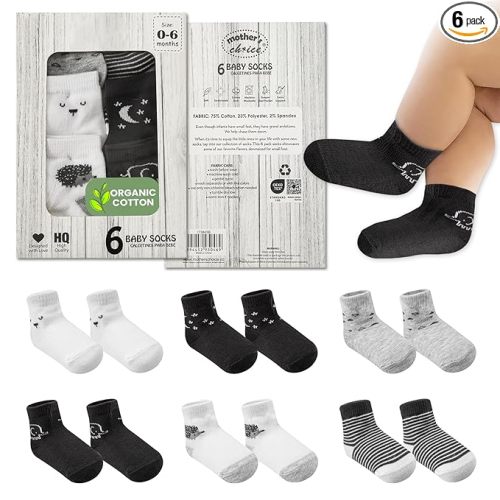 Mother's Choice Organic Cotton Baby Socks 0-6 Months - 06 pairs Unisex, Infant Black Socks, Soft Ankle Girls & Boys, Cozy Newborn Socks and Baby Gift Slipper Sock, Ideal In Daily Handling