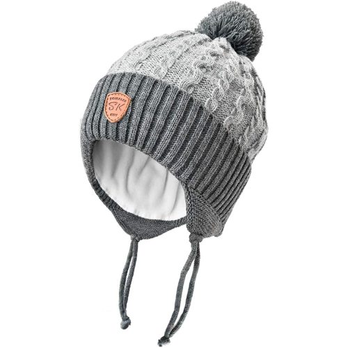 Somaler Toddler Baby Boy Winter Beanie Hat Infant Kids Warm Fleece Lined Earflap Knit Fur Pom Pom Hat Snow Cap - 1-5T - Light Grey