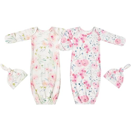 Newborn Baby Sleeper Gown with Hat Knotted Gown Nightgown Coming Home Outfits for Baby Girl 2 Pieces Set