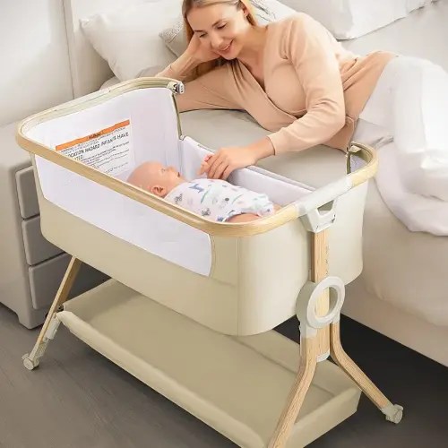3 in 1 Baby Bassinet Bedside Sleeper, Breathable Mesh Bedside Bassinet for Baby, Easy Assemble & Folding Portable Bassinet, 5 Height Adjustable Bedside Crib with Storage Basket, Mattress, Wheels