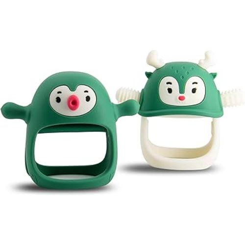 Smily Mia Penguin & Reindeer Teething Toys for Babies 0-18Months, Teething Mittens for Suciking And Chewing in 1, Christmas Gift/Toy Set for Infants, Whole Teething Stage Baby Teether Set,ChristmGreen