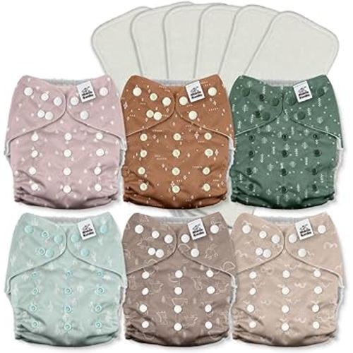 Mama Koala 3.0 Cloth Diapers for Babies with AWJ Lining, Reusable One Size Pocket Diapers for Newborns and Toddlers, 6 Pack with 6 5-Layer Bamboo Inserts (A-My Warm Heart)