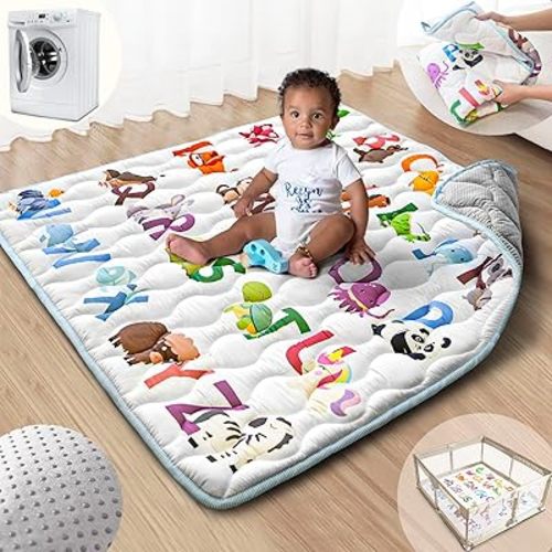 Baby Play Mat, 43x43 Mat with Super Soft Touch, Activity Mat with Upgraded Anti-Slip Bottom, Machine Washable Crawling Mat for Floor & Picnic(Animal Alphabets)