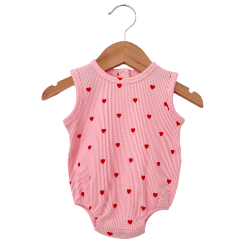 Organic Waffle Bubble Romper, Little Red Heart (on Pink)