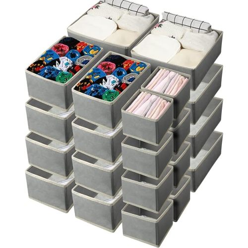 24 Set Clothes Dresser Drawer Organizers Dividers, Nursery Organization Bin Fabric Foldable Closet Clothing Wardrobe Storage Box Container Basket for Bras Socks Underwear Bedroom(Gray)
