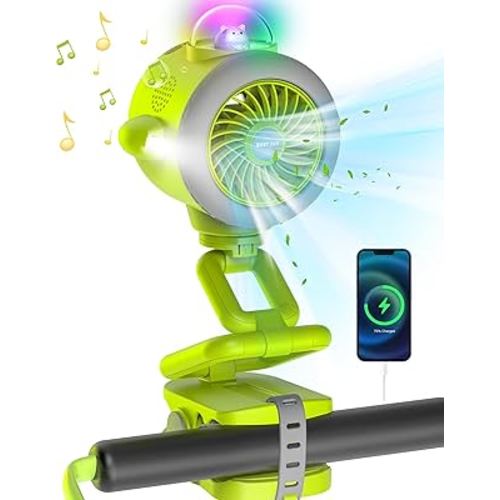 Portable Stroller Baby Fan, 5000mAh Battery Operated Clip Baby Fan with Bluetooth 5.1/Colorful LEDs/Flashlight, 5 Speeds 15H Work Time 120° Auto Oscillating Desk Cooling Fan for Car Seat Crib Travel